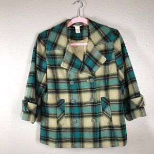 Sundance Blue & Green Plaid Wool Blend Pea Coat